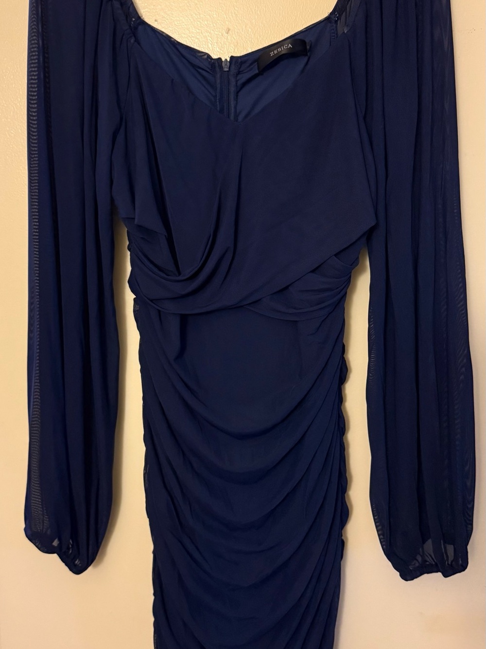 Zesica Navy Long-Sleeve Ruched Evening Dress